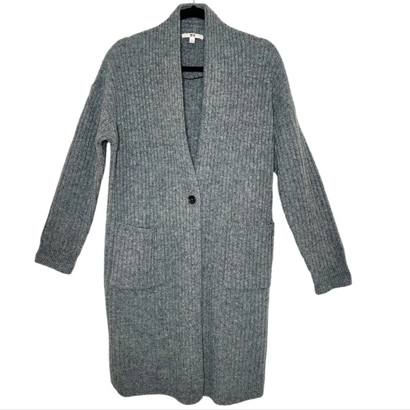 Uniqlo 100% Wool Green Blue Knit Long Line Cardigan Pockets Size Small - Picture 1 of 14